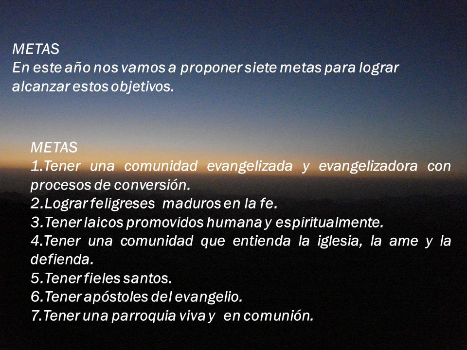 METAS En este año nos vamos a proponer siete metas para lograr alcanzar estos objetivos. METAS.