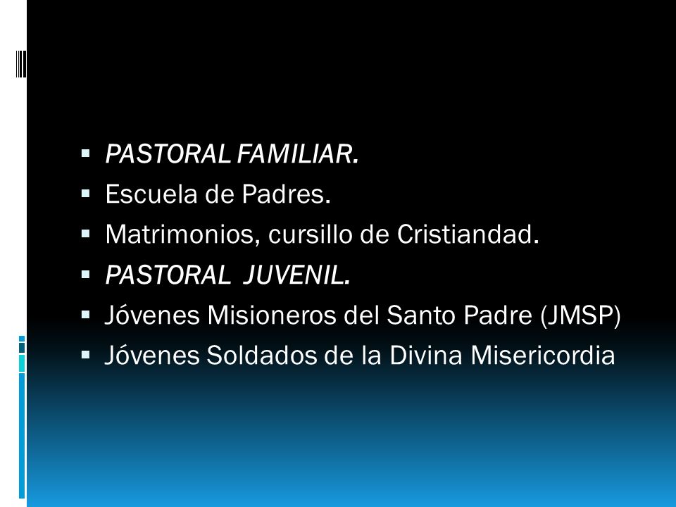 PASTORAL FAMILIAR. Escuela de Padres. Matrimonios, cursillo de Cristiandad. PASTORAL JUVENIL. Jóvenes Misioneros del Santo Padre (JMSP)