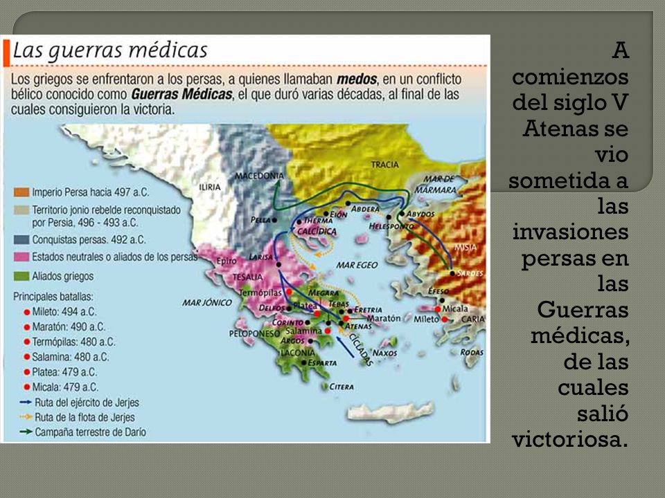 A comienzos del siglo V Atenas se vio sometida a las invasiones persas en las Guerras médicas, de las cuales salió victoriosa.