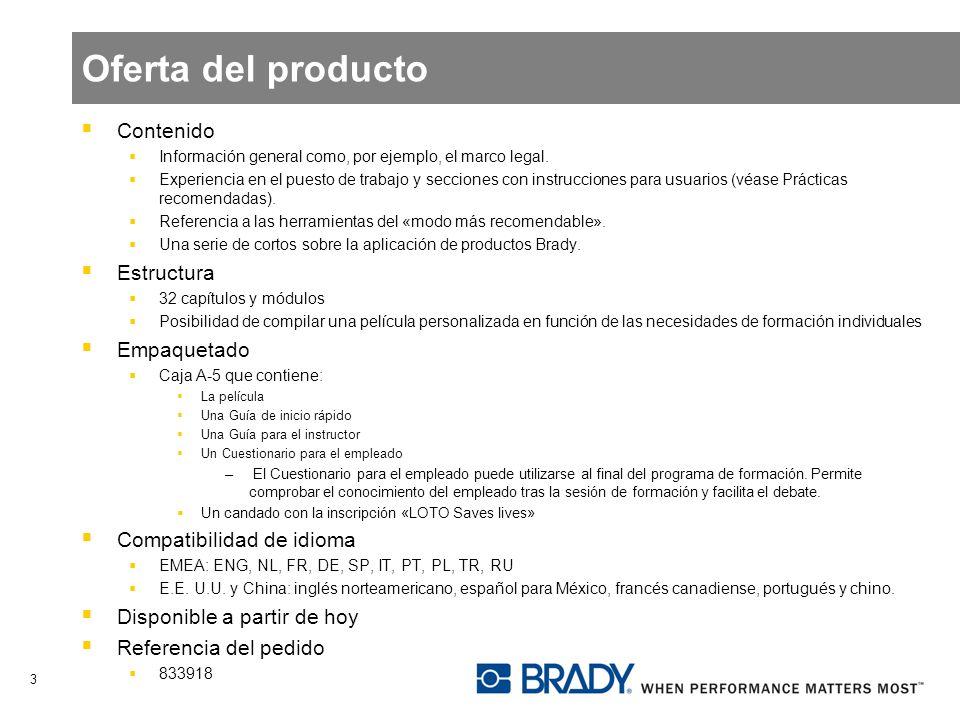 Oferta del producto Contenido Estructura Empaquetado