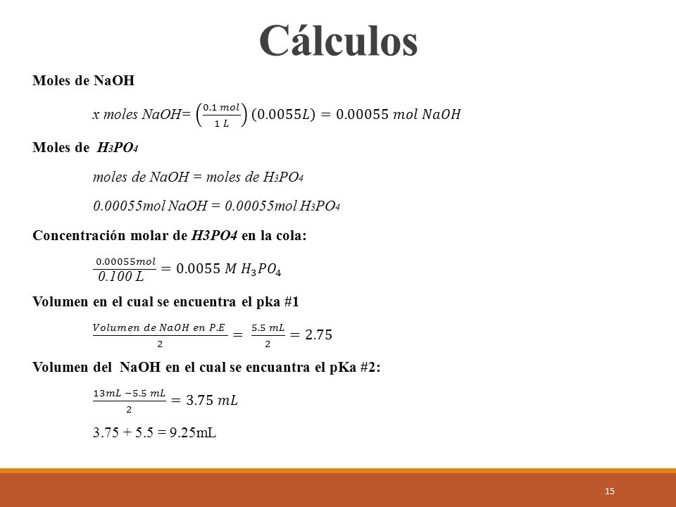 Cálculos Moles de NaOH. x moles NaOH= 0.1 𝑚𝑜𝑙 1 𝐿 𝐿 = 𝑚𝑜𝑙 𝑁𝑎𝑂𝐻. Moles de H3PO4.