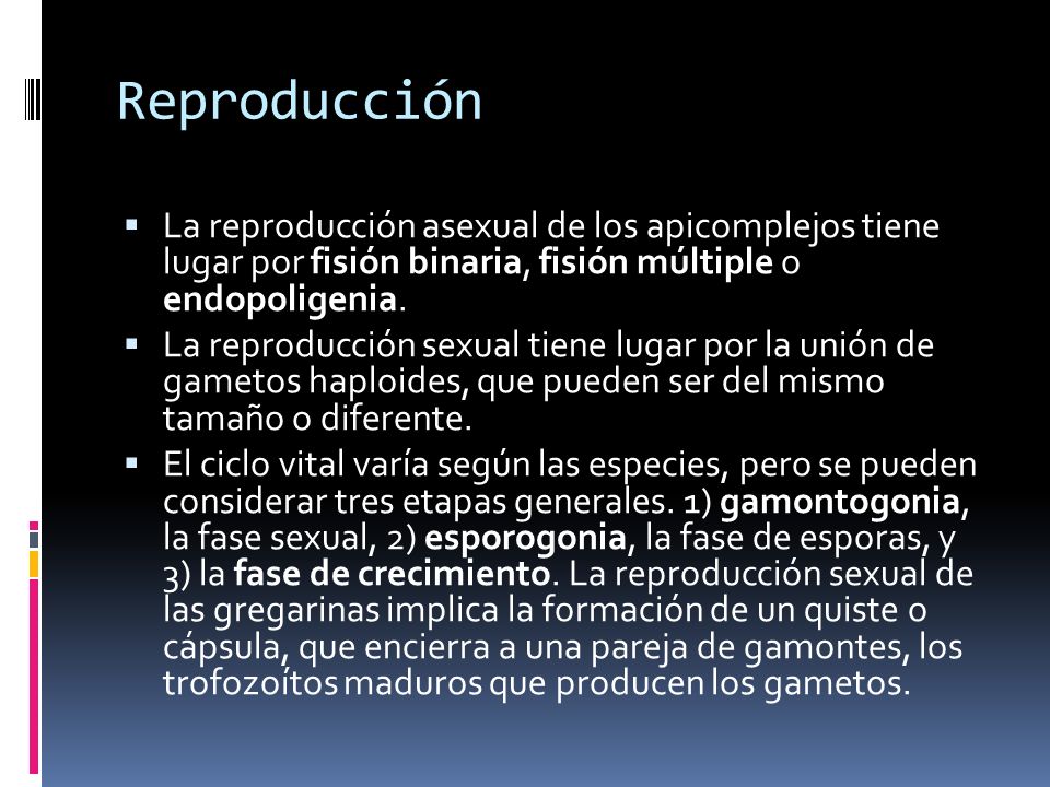 Reproducción La reproducción asexual de los apicomplejos tiene lugar por fisión binaria, fisión múltiple o endopoligenia.