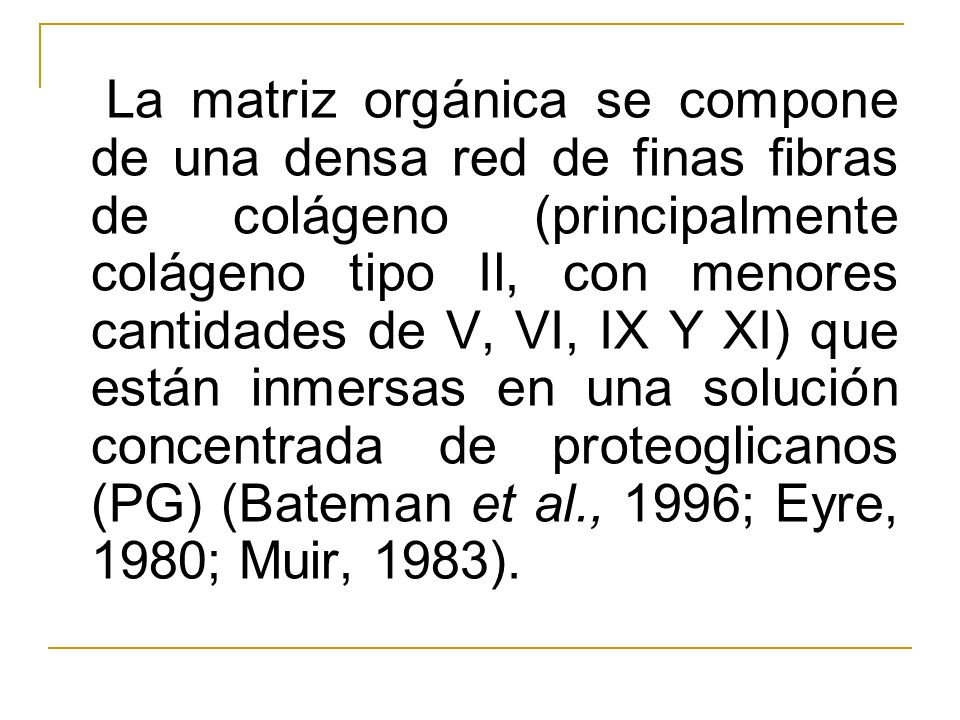 La matriz orgánica se compone de una densa red de finas fibras de colágeno (principalmente colágeno tipo Il, con menores cantidades de V, VI, IX Y XI) que están inmersas en una solución concentrada de proteoglicanos (PG) (Bateman et al., 1996; Eyre, 1980; Muir, 1983).