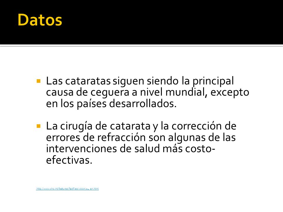 Datos Las cataratas siguen siendo la principal causa de ceguera a nivel mundial, excepto en los países desarrollados.