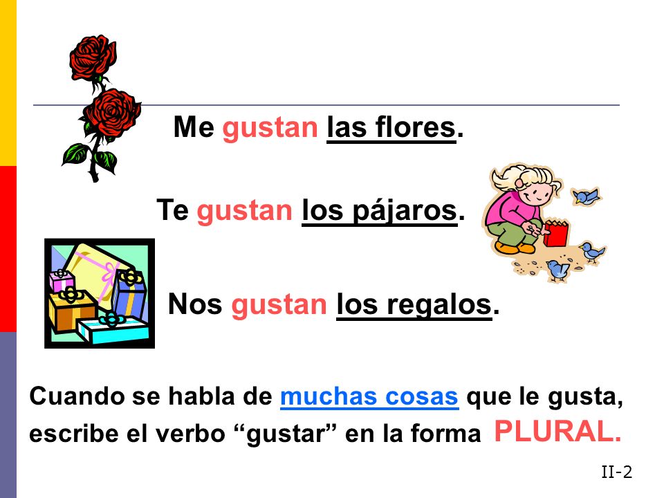 Me gustan las flores. Te gustan los pájaros. Nos gustan los regalos.