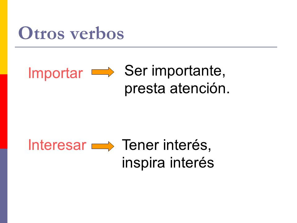 Otros verbos Ser importante, presta atención. Importar Interesar
