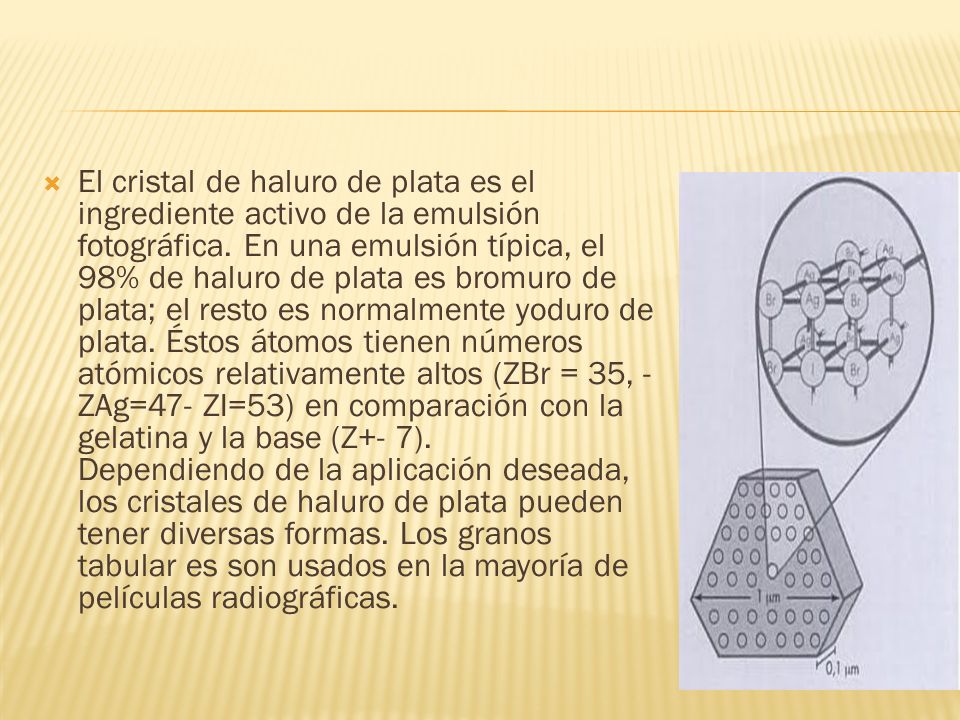 El cristal de haluro de plata es el ingrediente activo de la emulsión fotográfica.