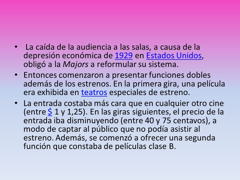 La caída de la audiencia a las salas, a causa de la depresión económica de 1929 en Estados Unidos, obligó a la Majors a reformular su sistema.