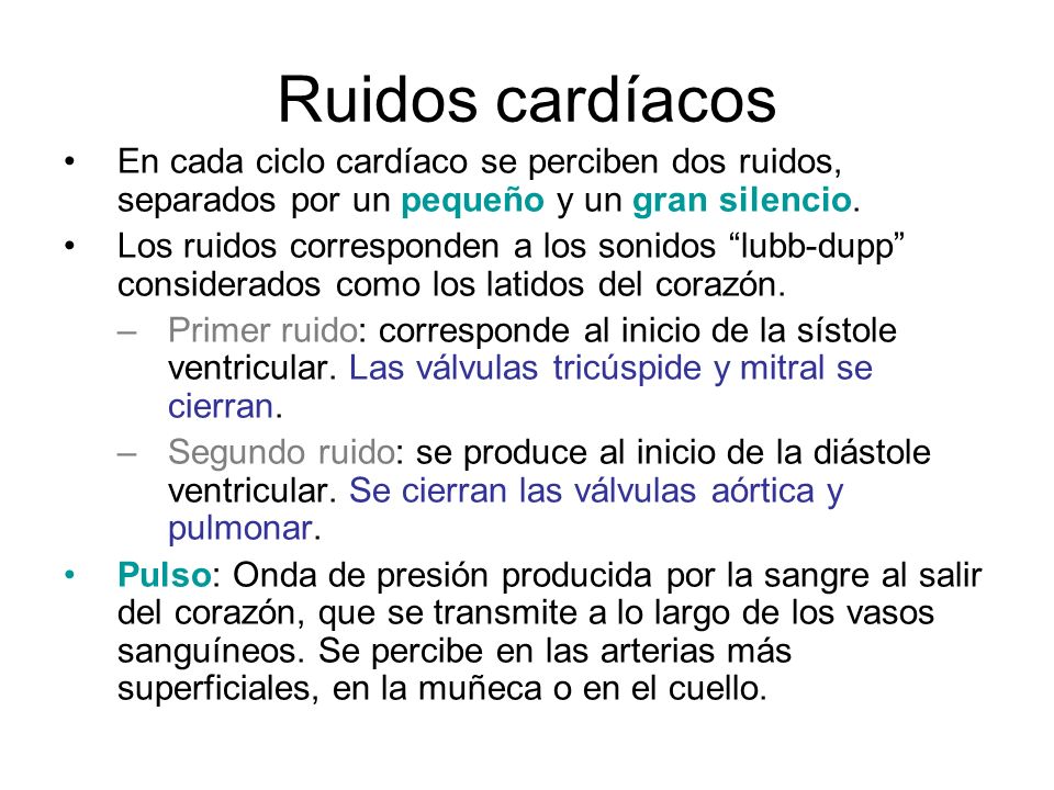 Ruidos cardíacos En cada ciclo cardíaco se perciben dos ruidos, separados por un pequeño y un gran silencio.