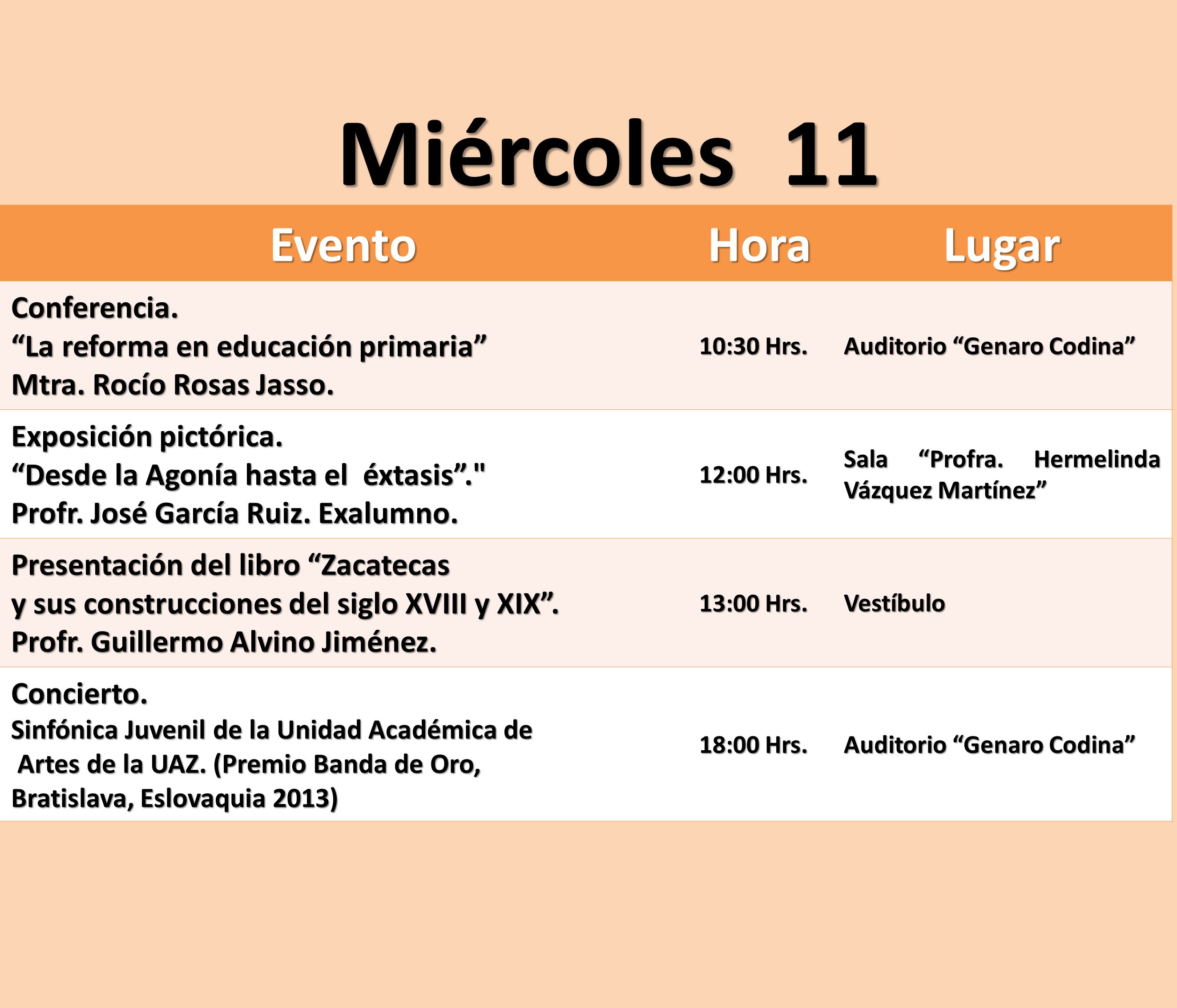 Miércoles 11 Evento Hora Lugar Conferencia.