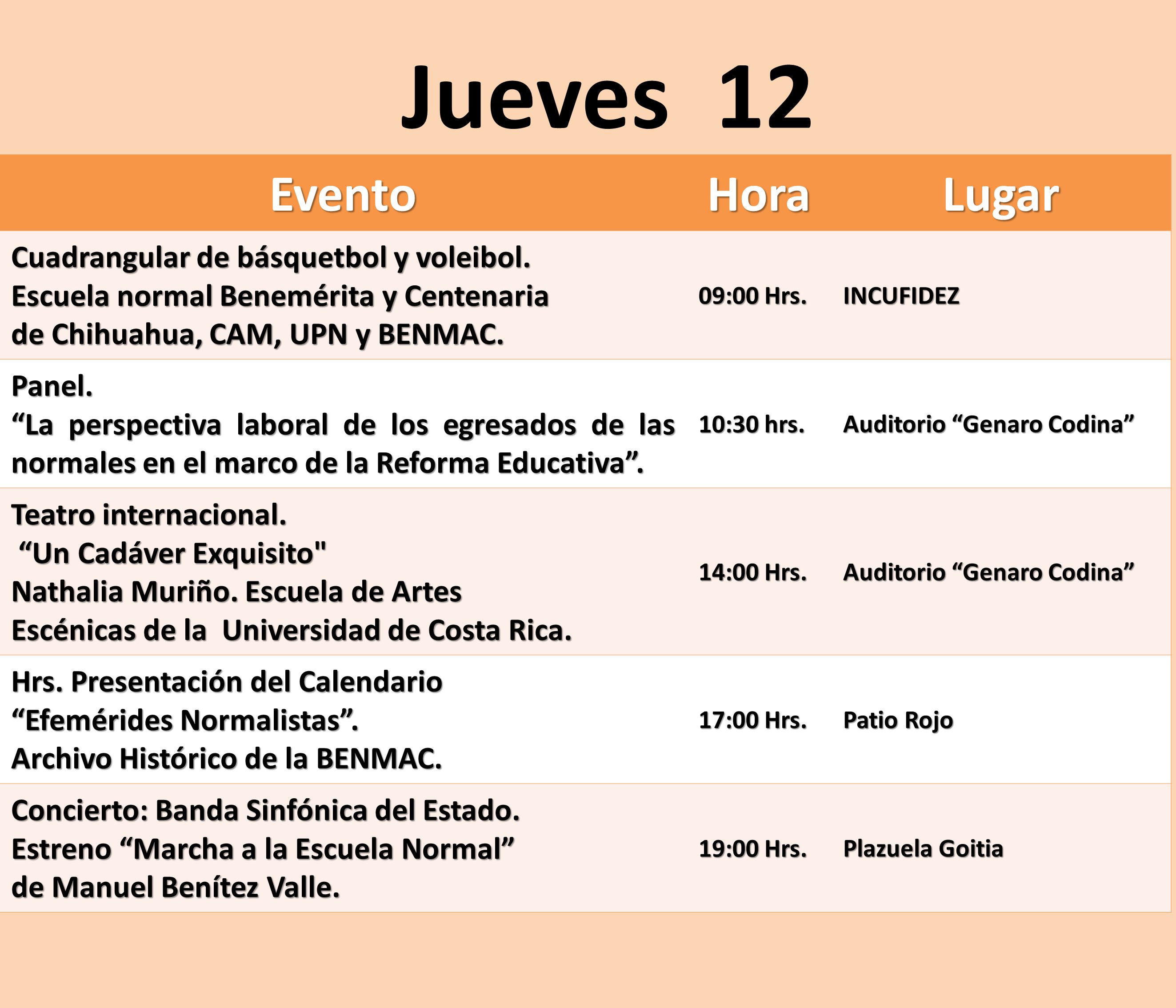 Jueves 12 Evento Hora Lugar Cuadrangular de básquetbol y voleibol.