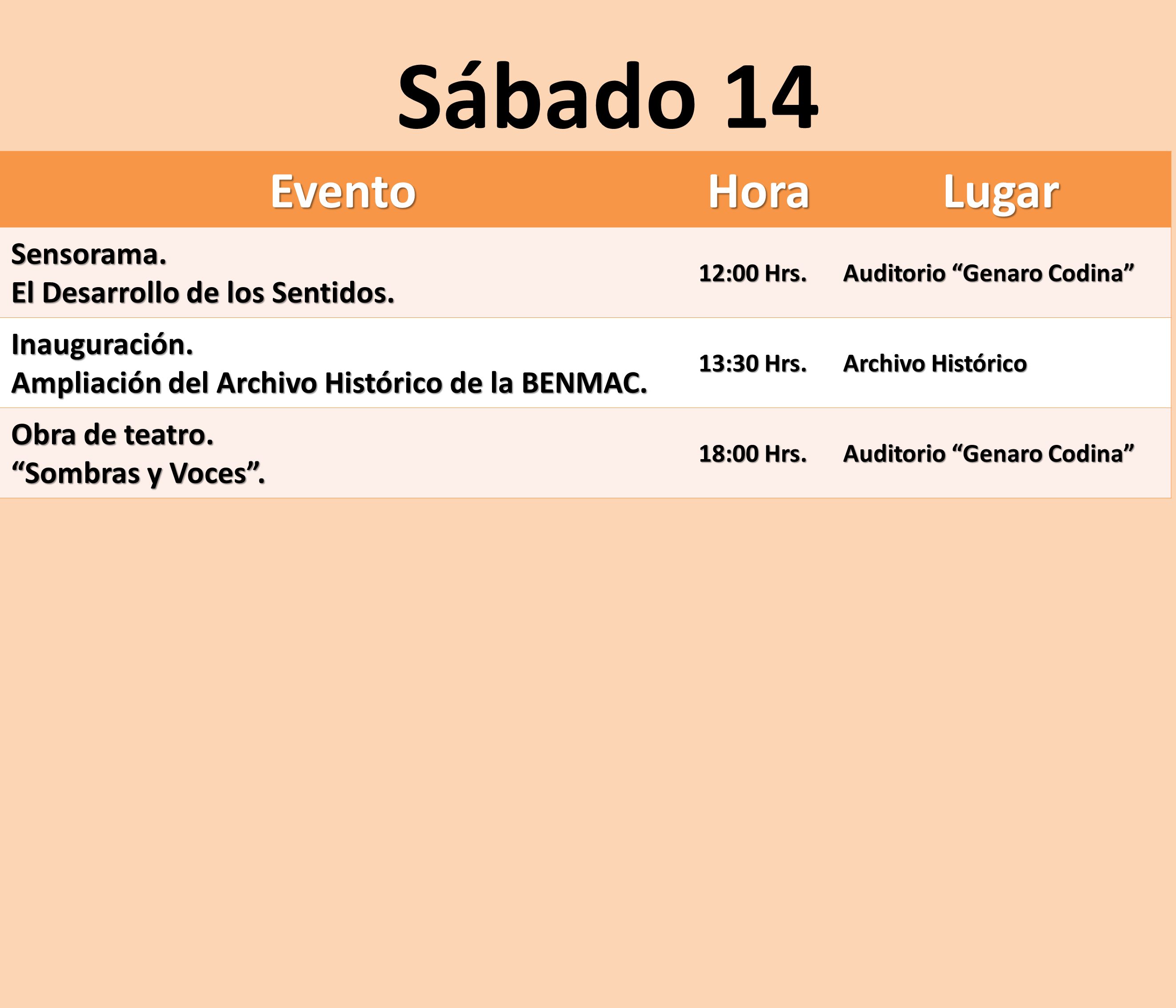 Sábado 14 Evento Hora Lugar Sensorama. El Desarrollo de los Sentidos.