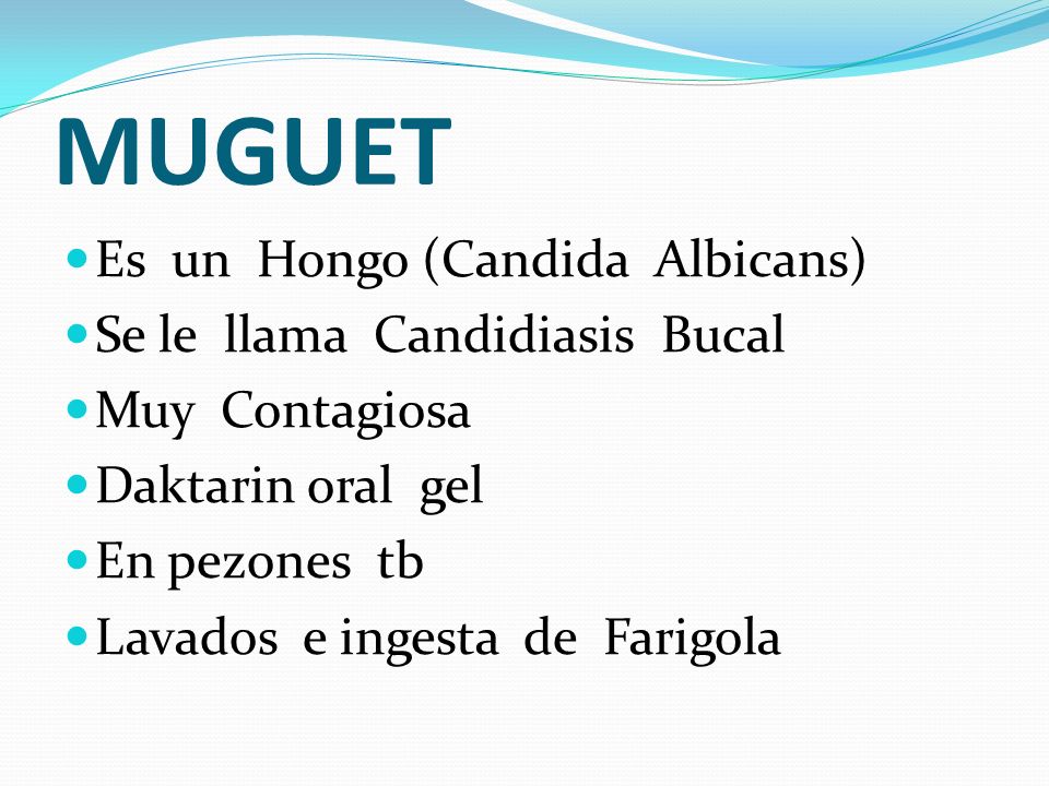 MUGUET Es un Hongo (Candida Albicans) Se le llama Candidiasis Bucal