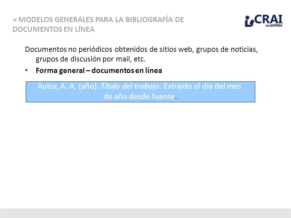 Autor, A. A. (año). Título del trabajo. Extraído el día del mes