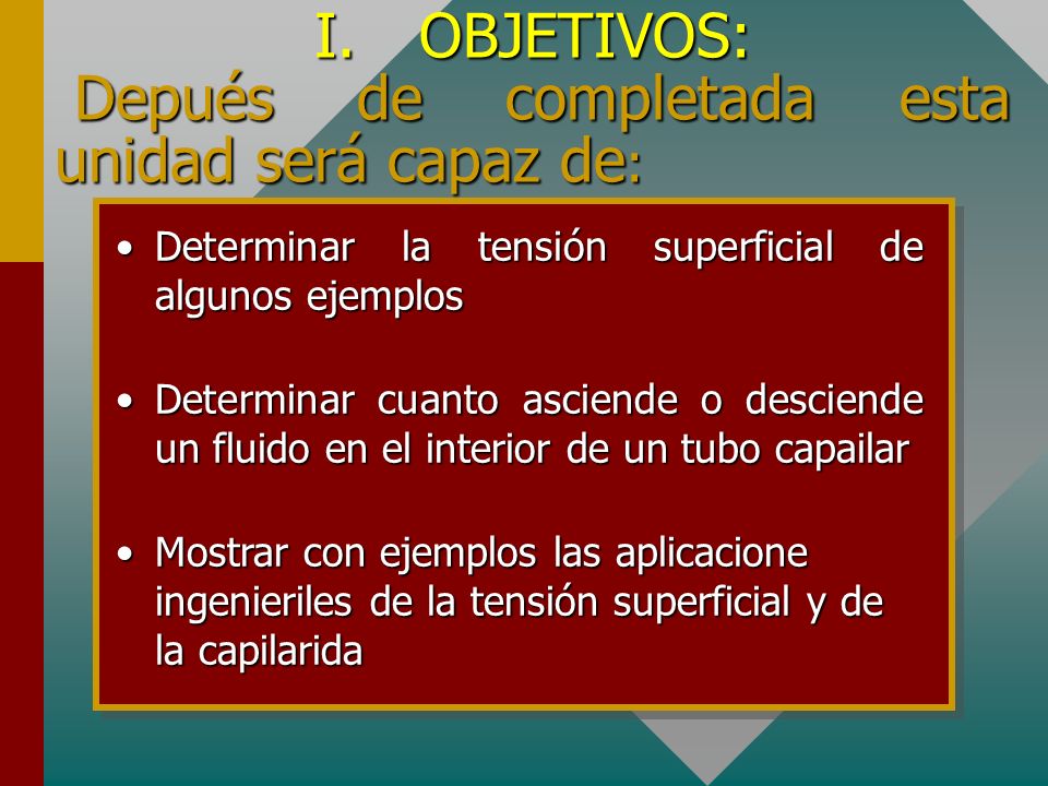 I. OBJETIVOS: Depués de completada esta unidad será capaz de:
