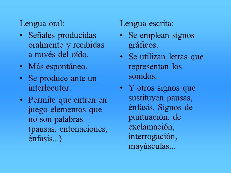 Lengua oral: Señales producidas oralmente y recibidas a través del oído. Más espontáneo. Se produce ante un interlocutor.