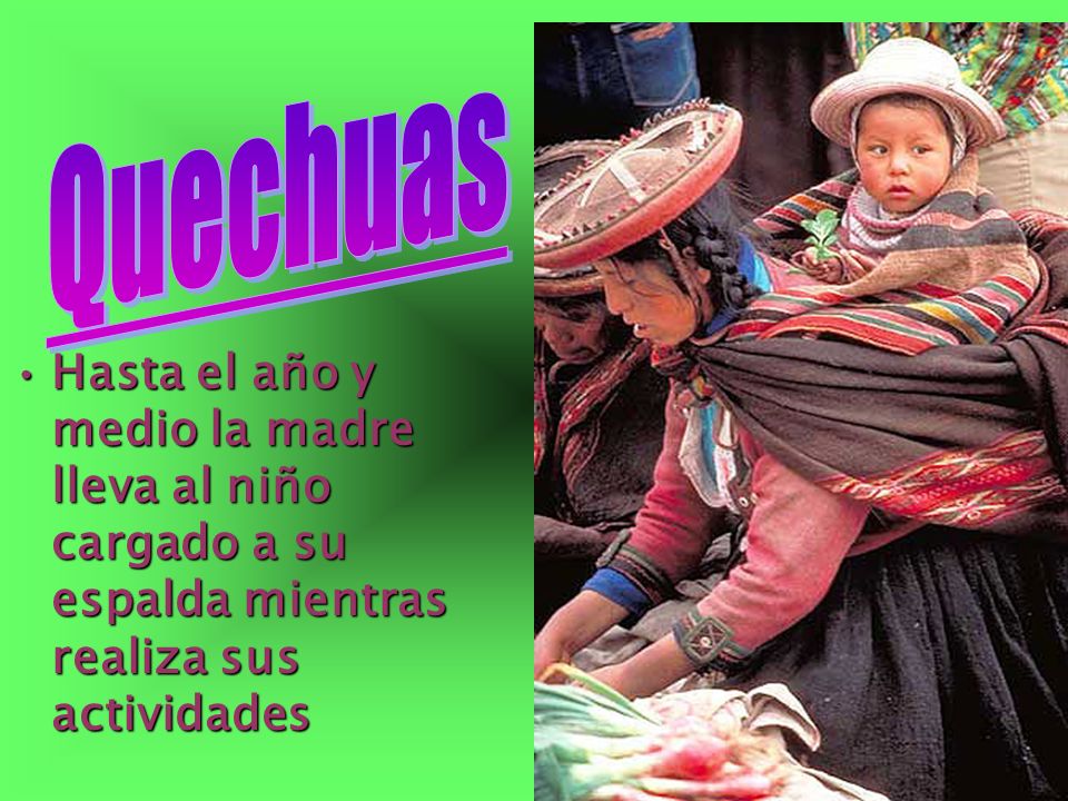 Quechuas Hasta el año y medio la madre lleva al niño cargado a su espalda mientras realiza sus actividades.