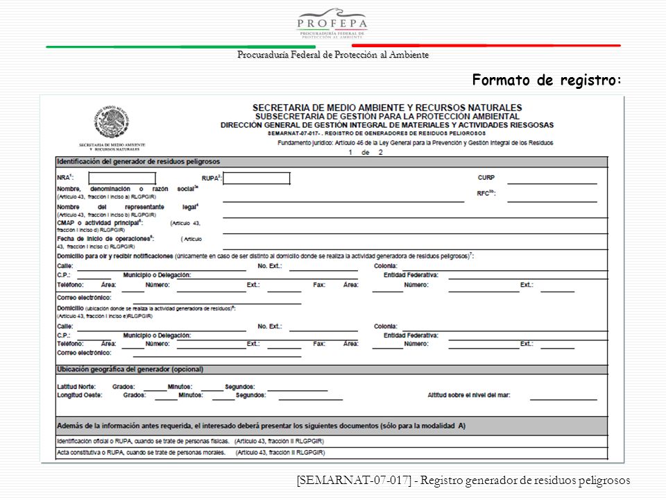 Formato de registro: [SEMARNAT ] - Registro generador de residuos peligrosos
