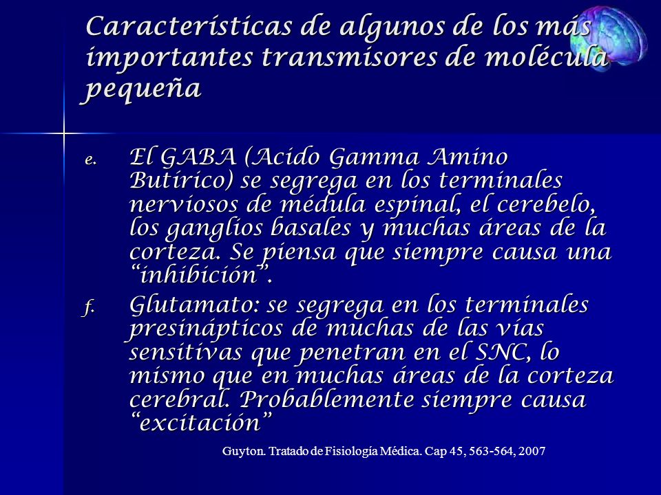 Características de algunos de los más importantes transmisores de molécula pequeña