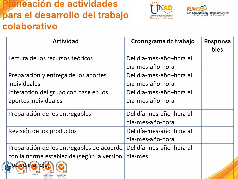 Planeación de actividades para el desarrollo del trabajo colaborativo