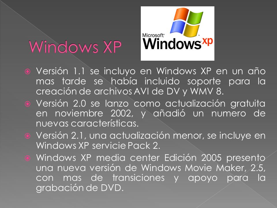 Windows XP Versión 1.1 se incluyo en Windows XP en un año mas tarde se había incluido soporte para la creación de archivos AVI de DV y WMV 8.