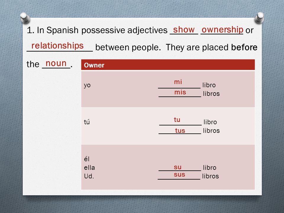 1. In Spanish possessive adjectives ______ _________ or ______________ between people. They are placed before the ______.