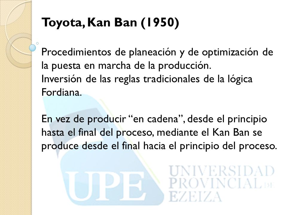 Toyota, Kan Ban (1950) Procedimientos de planeación y de optimización de la puesta en marcha de la producción.