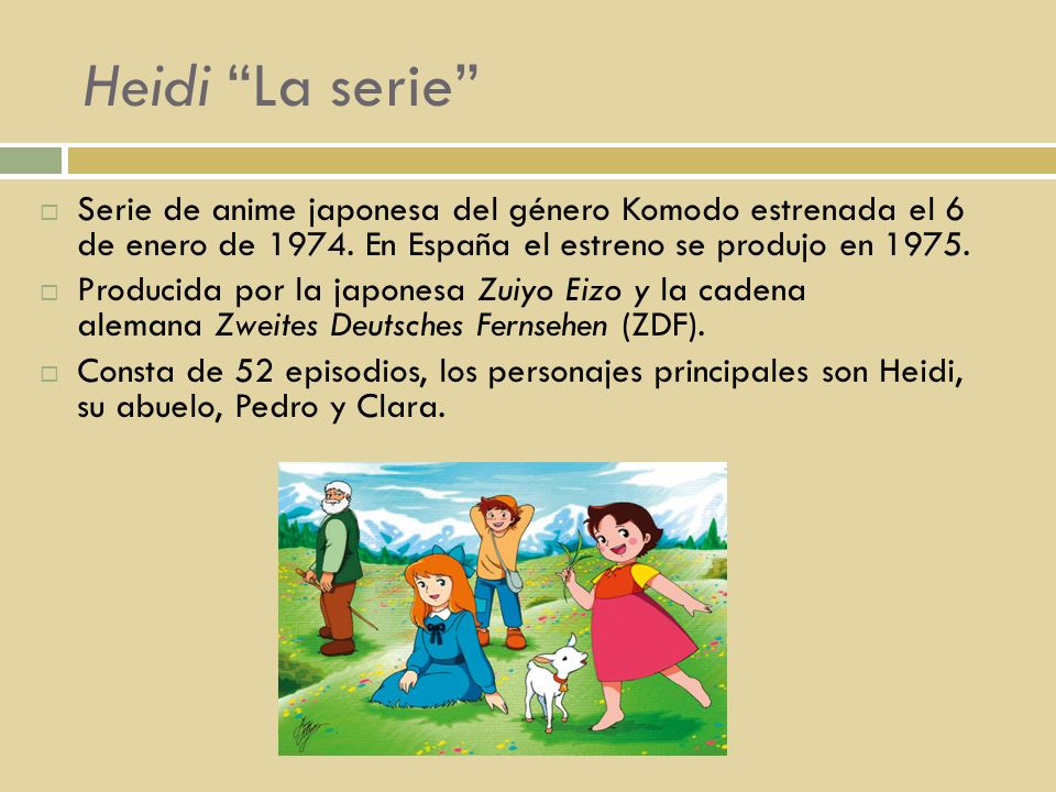 Heidi La serie Serie de anime japonesa del género Komodo estrenada el 6 de enero de En España el estreno se produjo en