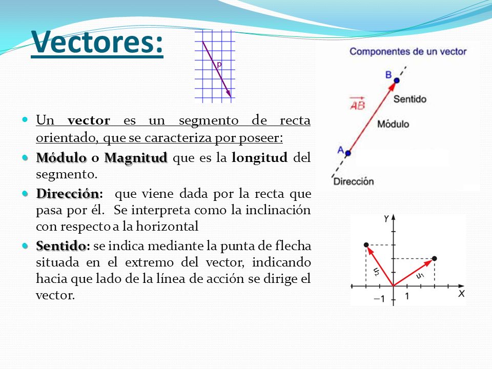 Vectores: Un vector es un segmento de recta orientado, que se caracteriza por poseer: Módulo o Magnitud que es la longitud del segmento.