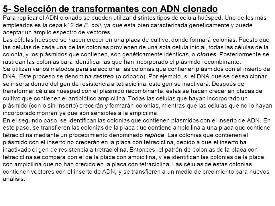 5- Selección de transformantes con ADN clonado Para replicar el ADN clonado se pueden utilizar distintos tipos de célula huésped.