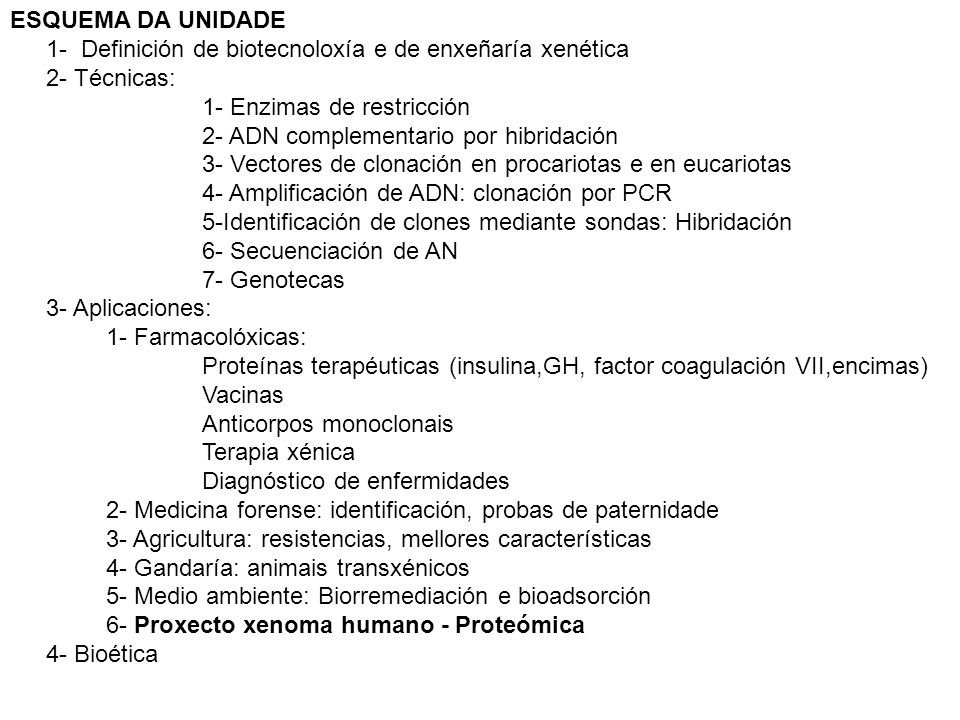 ESQUEMA DA UNIDADE 1- Definición de biotecnoloxía e de enxeñaría xenética 2- Técnicas: 1- Enzimas de restricción 2- ADN complementario por hibridación 3- Vectores de clonación en procariotas e en eucariotas 4- Amplificación de ADN: clonación por PCR
