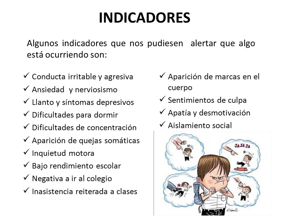 INDICADORES Algunos indicadores que nos pudiesen alertar que algo está ocurriendo son: Conducta irritable y agresiva.