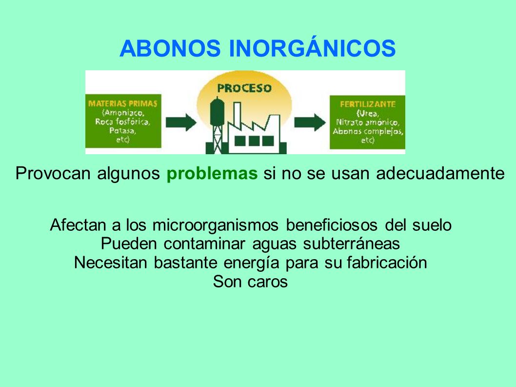 ABONOS INORGÁNICOS Provocan algunos problemas si no se usan adecuadamente. Afectan a los microorganismos beneficiosos del suelo.