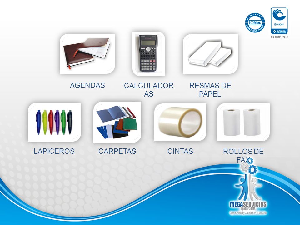 CALCULADORAS AGENDAS RESMAS DE PAPEL LAPICEROS CARPETAS CINTAS ROLLOS DE FAX