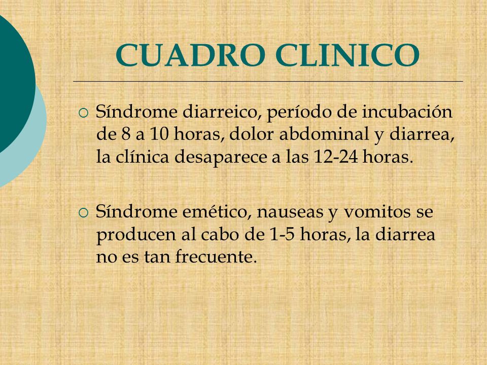 CUADRO CLINICO Síndrome diarreico, período de incubación de 8 a 10 horas, dolor abdominal y diarrea, la clínica desaparece a las horas.
