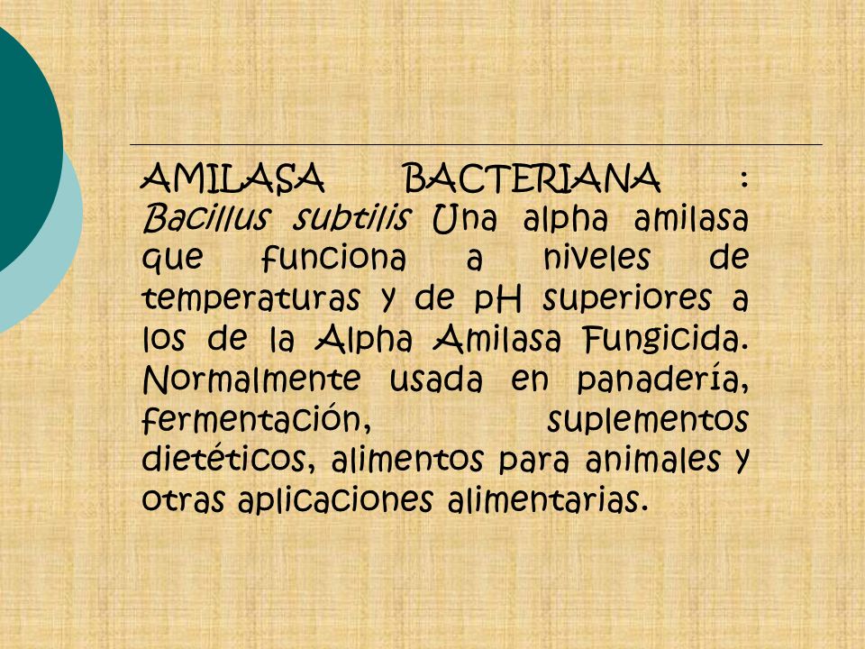 AMILASA BACTERIANA : Bacillus subtilis Una alpha amilasa que funciona a niveles de temperaturas y de pH superiores a los de la Alpha Amilasa Fungicida.