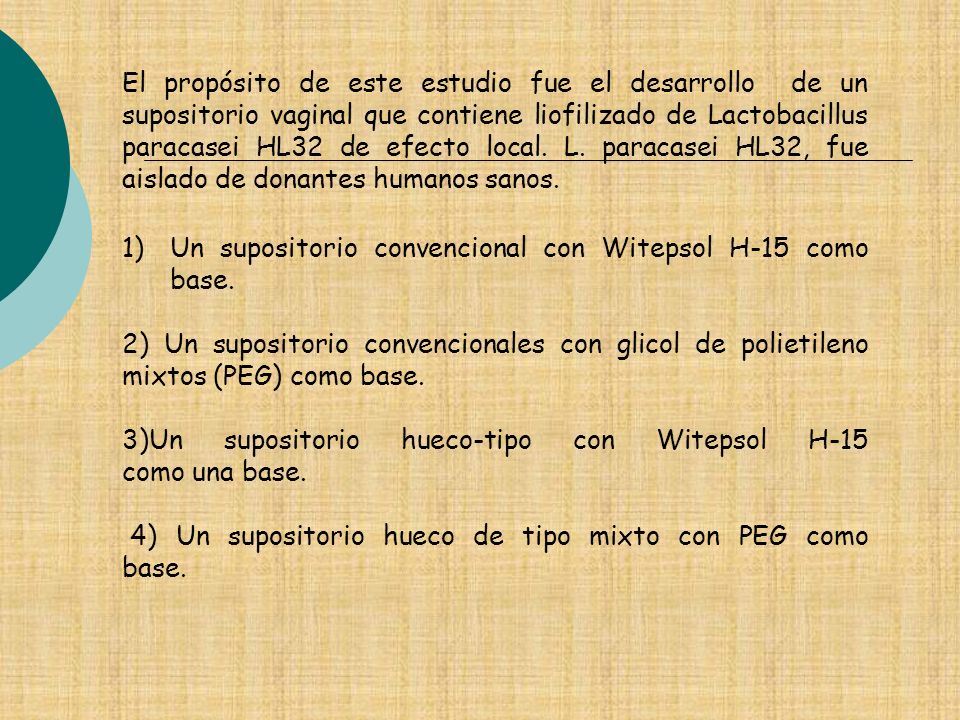 El propósito de este estudio fue el desarrollo de un supositorio vaginal que contiene liofilizado de Lactobacillus paracasei HL32 de efecto local. L. paracasei HL32, fue aislado de donantes humanos sanos.