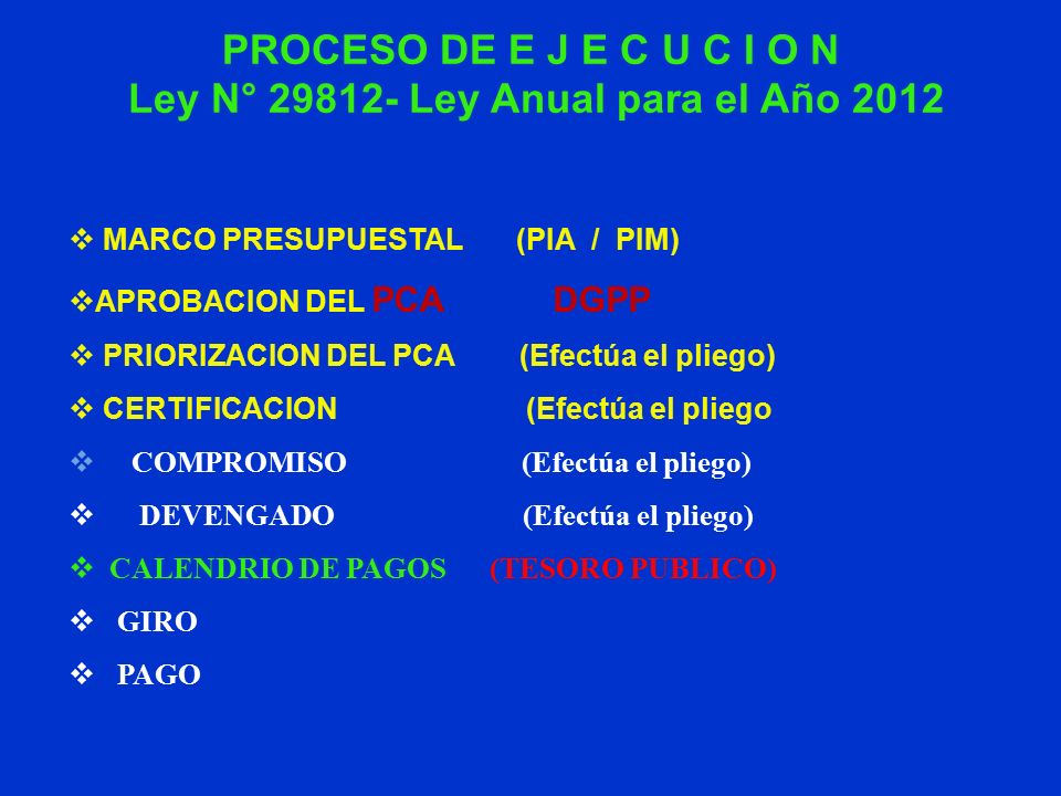 PROCESO DE E J E C U C I O N Ley N° Ley Anual para el Año 2012