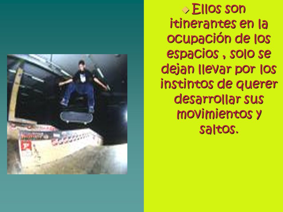 Ellos son itinerantes en la ocupación de los espacios , solo se dejan llevar por los instintos de querer desarrollar sus movimientos y saltos.