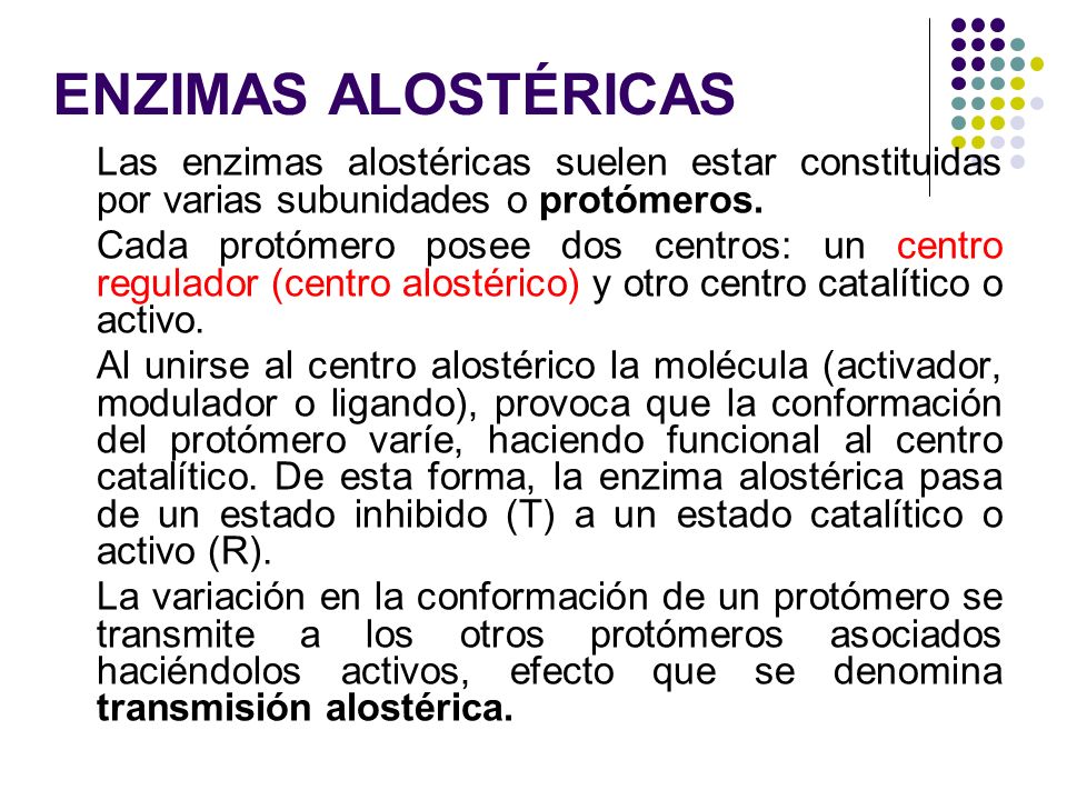 ENZIMAS ALOSTÉRICAS Las enzimas alostéricas suelen estar constituidas por varias subunidades o protómeros.