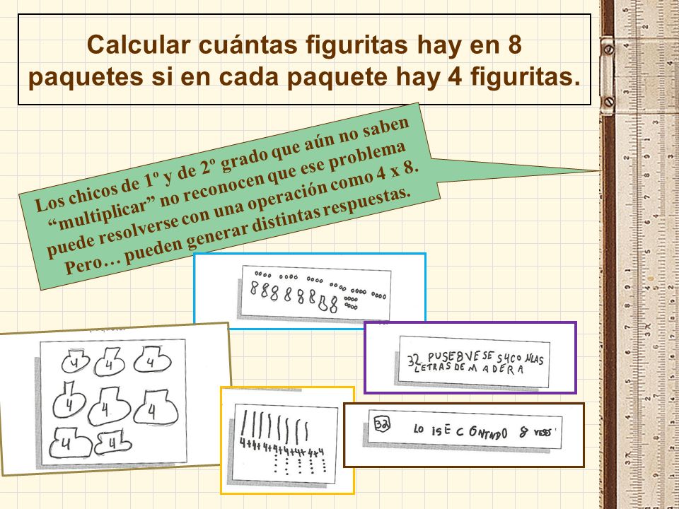 Calcular cuántas figuritas hay en 8 paquetes si en cada paquete hay 4 figuritas.