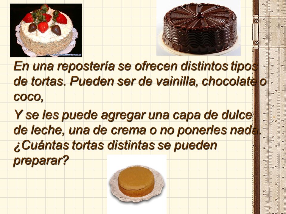En una repostería se ofrecen distintos tipos de tortas