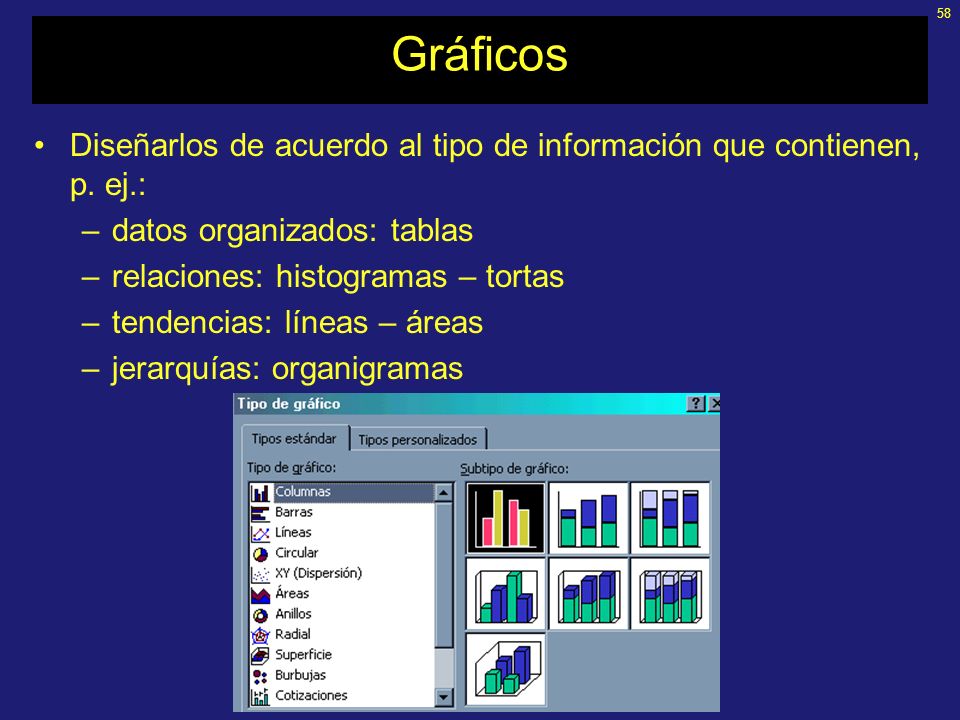 Gráficos Diseñarlos de acuerdo al tipo de información que contienen, p. ej.: datos organizados: tablas.