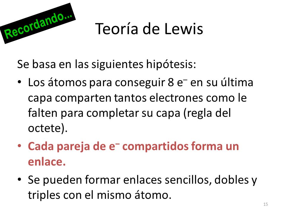 Teoría de Lewis Recordando... Se basa en las siguientes hipótesis: