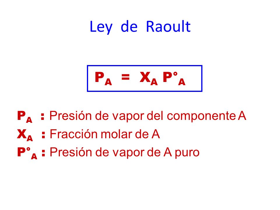 Ley de Raoult PA = XA P°A PA : Presión de vapor del componente A