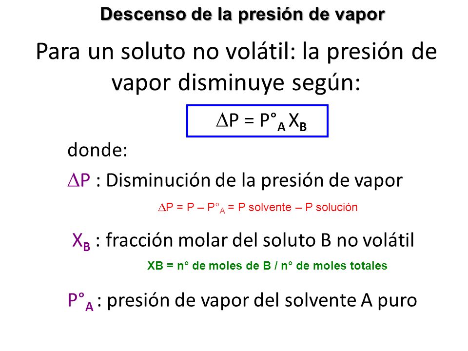 Para un soluto no volátil: la presión de vapor disminuye según: