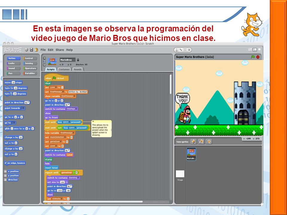 En esta imagen se observa la programación del video juego de Mario Bros que hicimos en clase.