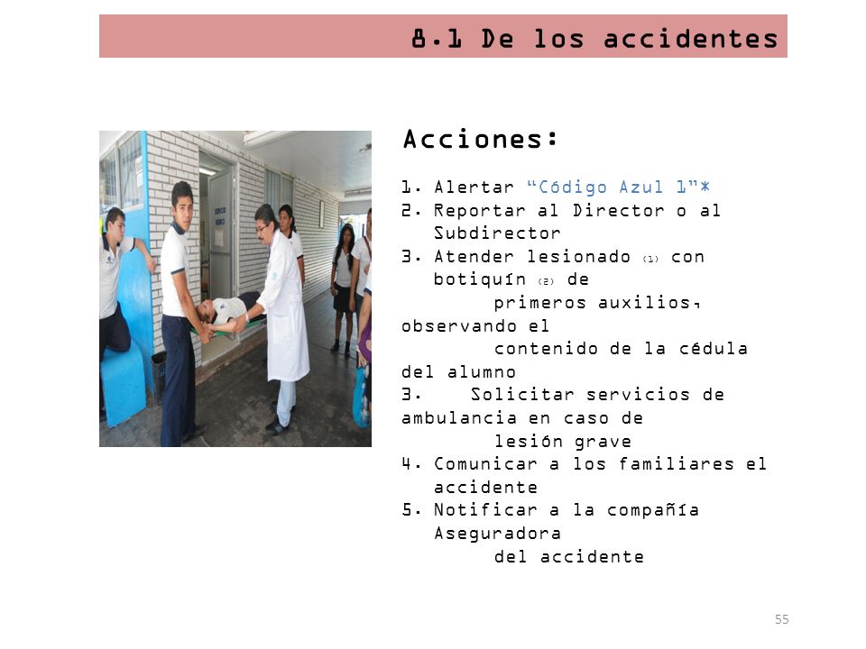 8.1 De los accidentes Acciones: Alertar Código Azul 1 *