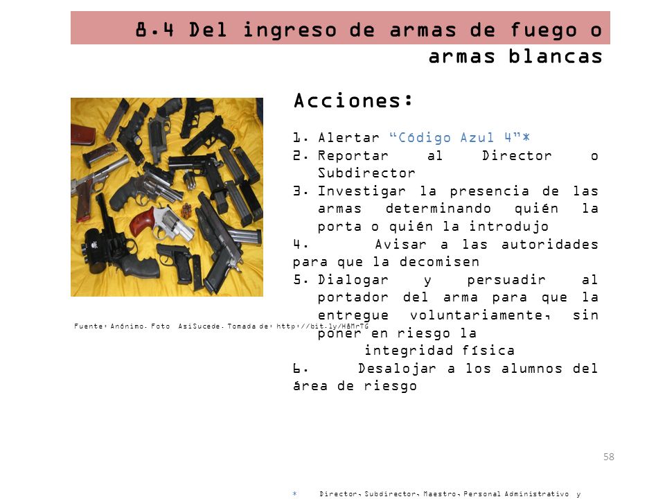 8.4 Del ingreso de armas de fuego o armas blancas