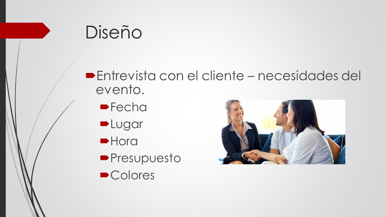 Diseño Entrevista con el cliente – necesidades del evento. Fecha Lugar